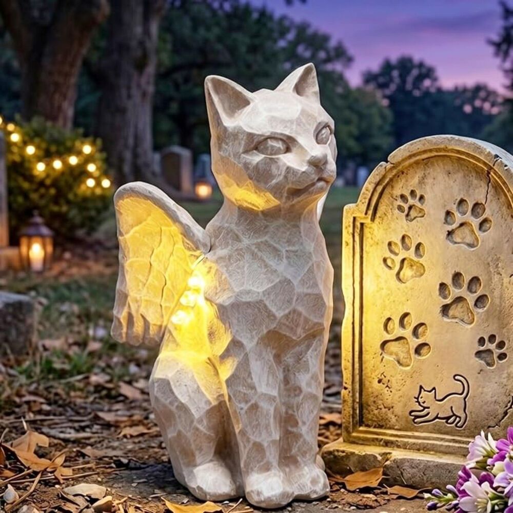 NWT LEAESMHR Solar Angel Cat LED Memorial Statue Garden Figurine Pet Loss Gift
